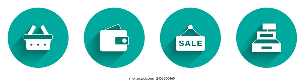 Set Shopping basket, Wallet, Hanging sign with text Sale and Cash register machine icon with long shadow. Vector
