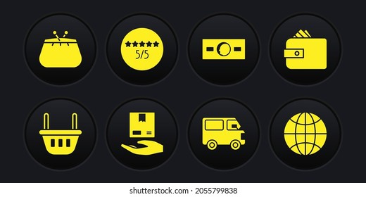 Set Shopping basket, Wallet with paper money cash, Delivery hand boxes, cargo truck vehicle, Paper, Consumer or customer product rating, Worldwide and  icon. Vector