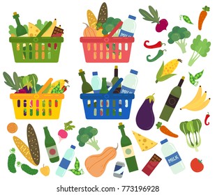 Set of shopping baskets full of organic and healthy food. Content of baskets. Groceries products. Grocery store. Fresh organic food and drinks. Vector illustration in flat style