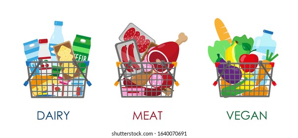 Set of shopping baskets full of products. Dairy, meat and vegan products in baskets. Vector illustration.