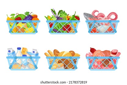 Set of shopping baskets full of products as fruit, vegetables, seafood, diary and bakery products, meat. Containers from supermarket for organic and healthy meal, retail store isolated vector