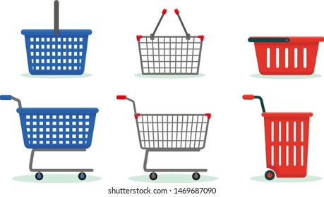 Set of shopping baskets and trolleys isolated on the white background. Vector illustration. 