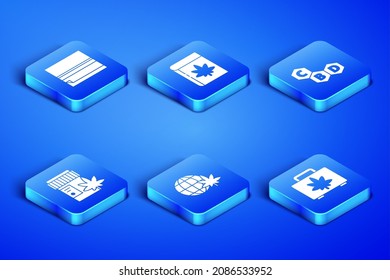 Set Shopping box of marijuana, Rolling paper, Legalize globe, Medical bottle with, Book and or cannabis and Cannabis molecule icon. Vector
