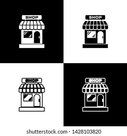 Set Shopping building or market store icons isolated on black and white background. Shop construction. Vector Illustration