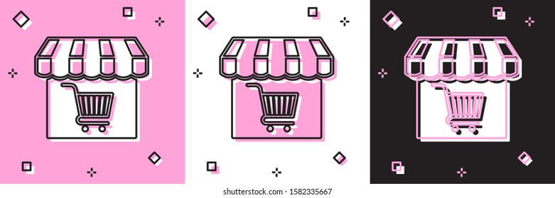 Set Shopping building or market store with shopping cart icon isolated on pink and white, black background. Shop construction. Supermarket basket symbol.  Vector Illustration