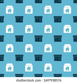 Set Shopping building or market store and Cardboard box with house on seamless pattern. Vector