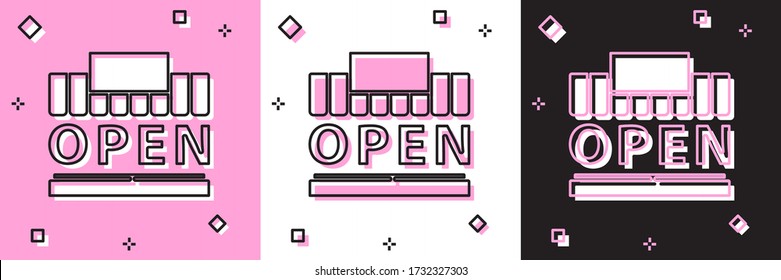 Set Shopping building or market store and text open icon isolated on pink and white, black background. Shop construction. Vector Illustration