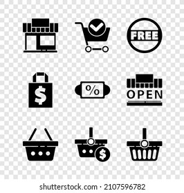 Set Shopping building or market store, cart with check, Price tag Free, basket, and dollar, Shoping bag and Discount percent icon. Vector