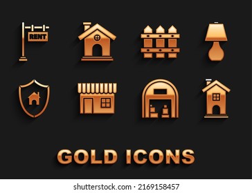 Set Shopping building or market store, Table lamp, Home symbol, Warehouse, House with shield, Garden fence wooden, Hanging sign text Rent and  icon. Vector