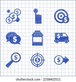 Set Shopping building or market store, Target with dollar, Coin money symbol, Armored truck, Magnifying glass and, Speech bubble,  and  icon. Vector