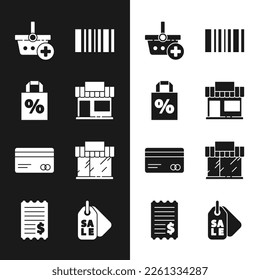 Set Shopping building or market store, Shoping bag with percent discount, Add basket, Barcode, Credit card, Price tag Sale and Paper check and financial check icon. Vector