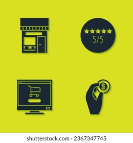 Set Shopping building or market store, Hand holding coin money, cart computer and Consumer customer product rating icon. Vector