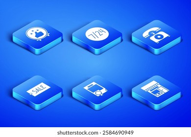 Set Shopping building or market store, Consumer customer product rating, Certificate template, Price tag with text Sale, Clock 24 hours and Telephone icon. Vector