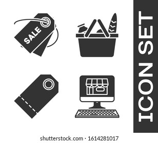 Set Shopping building on screen computer, Price tag with an inscription Sale, Blank label template price tag and Shopping basket and food icon. Vector