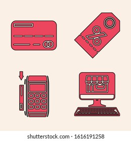 Set Shopping building on screen computer, Credit card, Discount percent tag and Pos terminal with inserted credit card icon. Vector