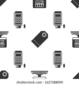 Set Shopping building on screen computer, Blank label template price tag and Pos terminal with inserted credit card on seamless pattern. Vector