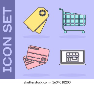 Set Shopping building on screen laptop, Blank label template price tag, Credit card and Shopping cart icon. Vector