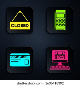 Set Shopping building on screen computer, Hanging sign with text Closed, Credit card and Pos terminal. Black square button. Vector