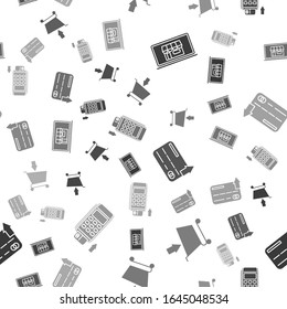Set Shopping building on screen laptop, Add to Shopping cart, Credit card and Pos terminal with inserted credit card on seamless pattern. Vector