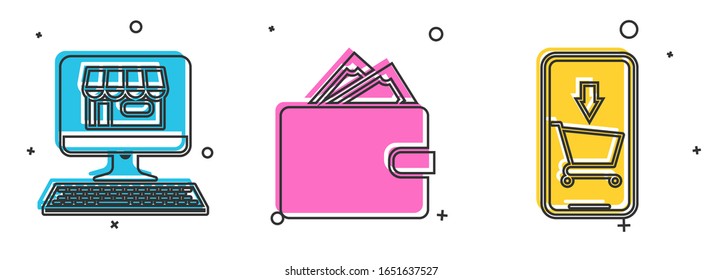 Set Shopping building on screen computer, Wallet with stacks paper money cash and Mobile phone and shopping cart icon. Vector
