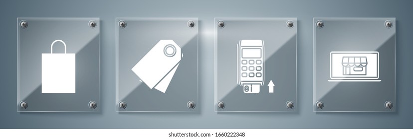 Set Shopping building on screen laptop, Pos terminal with inserted credit card, Blank label template price tag and Paper shopping bag. Square glass panels. Vector