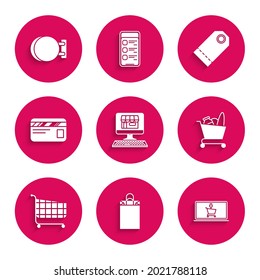 Set Shopping building on screen computer, Paper shopping bag, cart laptop, and food, Credit card, Blank label template price tag and Signboard hanging icon. Vector