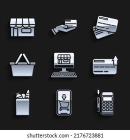 Establezca la construcción de compras en el ordenador de pantalla, teléfono móvil y carrito de compras, terminal Pos con tarjeta de crédito insertada, crédito, comida de bolso de papel, cesta y/o icono de tienda de mercado. Vector