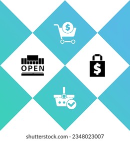 Set Shopping building and open, basket with check mark, cart dollar and Shoping bag icon. Vector
