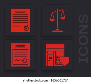 Set Shopping building with shield, Confirmed document and check mark, Scales of justice and Filled form icon. Vector