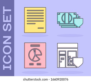Set Shopping building with shield, Document, Document with graph chart and Money with shield icon. Vector