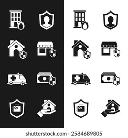 Set Shopping building with shield, House, Fire burning house, Life insurance, Emergency car, Money,  and Travel suitcase icon. Vector