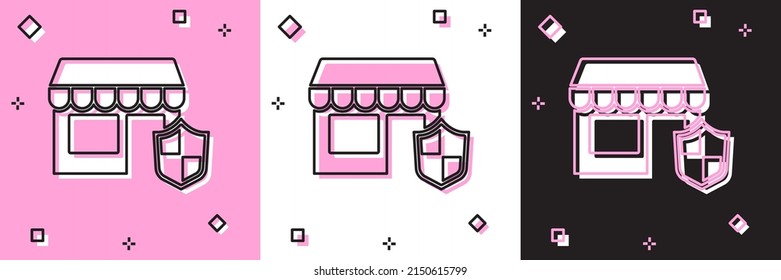 Set Shopping building with shield icon isolated on pink and white, black background. Insurance concept. Security, safety, protection, protect concept. Vector