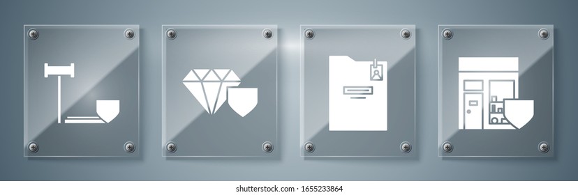 Establecer edificio de compras con escudo, carpeta personal, Diamante con escudo y Juez de gavel con escudo. Paneles de vidrio cuadrado. Vector