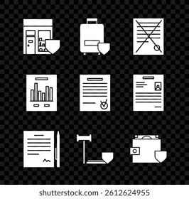 Set Shopping building with shield, Traveling baggage insurance, Delete file document, Contract pen, Judge gavel, Wallet and money, Document graph chart and Confirmed check mark icon. Vector