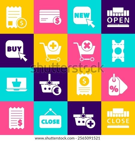 Set Shopping building and text closed, Discount percent tag, Coupon, Button with New, Add cart, Buy button, Paper check financial check and Remove shopping icon. Vector