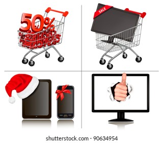 Un conjunto de tiendas y negocios. Concepto de descuento. Ilustración vectorial.