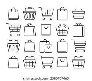 Set of shopping cart and bag icons for e-commerce, trading or online business. Vector illustration.