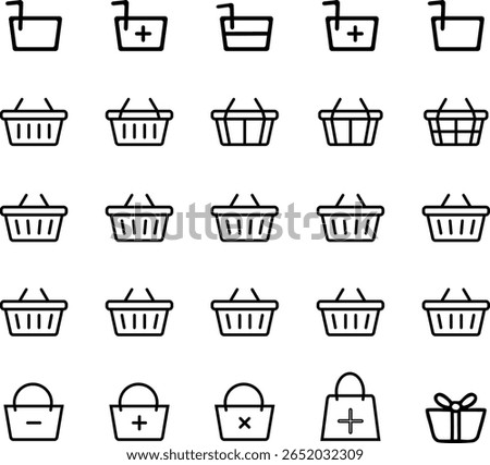A set of shopping cart and bag icons arranged in a grid pattern. The icons are black outlines on a white background, representing various shopping actions.