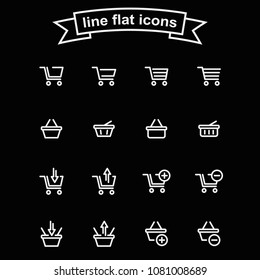 Set of shopping cart and basket vector thin line black and white icons.