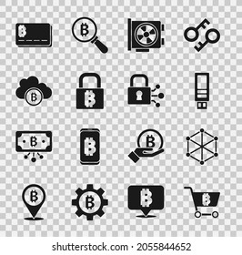 Set Shopping cart with bitcoin, Blockchain technology, USB flash drive, Video graphic card, Lock, Cryptocurrency cloud mining, Credit and  icon. Vector