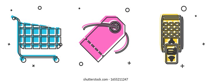 Set Shopping cart, Blank label template price tag and POS terminal with printed reciept and confirms the payment by smartphone icon. Vector