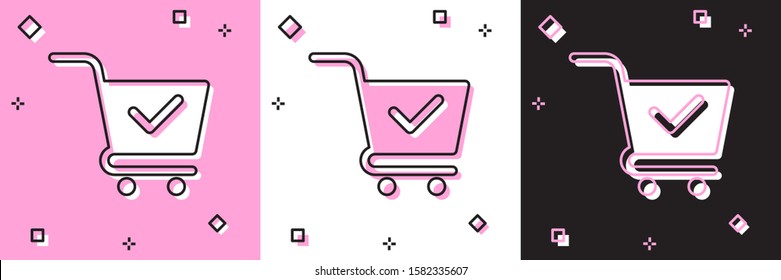 Set Shopping cart with check mark icon isolated on pink and white, black background. Supermarket basket with approved, confirm, done, tick, completed symbol.  Vector Illustration