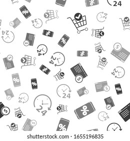Set Shopping cart with check mark, Percent discount and mobile, Online shopping on screen and Clock 24 hours on seamless pattern. Vector