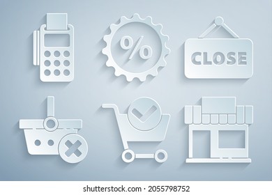 Set Shopping cart with check mark, Hanging sign Closed, Remove shopping basket, building or market store, Discount percent tag and POS terminal credit card icon. Vector