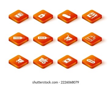 Set Shopping cart with check mark, Add to basket, Price tag Free, Sale, Mobile and shopping, Remove, Hanging sign Open door and bag icon. Vector