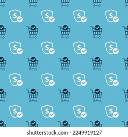 Set Shopping cart with check mark and Shield with dollar on seamless pattern. Vector