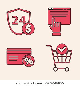 Set Shopping cart with check mark, Shield with dollar, Online shopping on screen and Discount card with percent icon. Vector