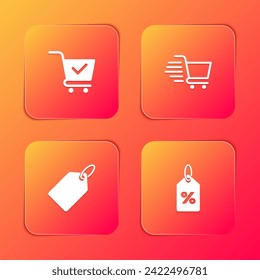 Set Shopping cart with check mark, , Label template price tag and Discount percent icon. Vector