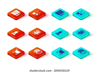 Set Shopping cart, Clock 24 hours, Sauce bottle, Meat packaging steak, Whiskey and list and pencil icon. Vector
