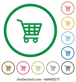 Set of shopping cart color round outlined flat icons on white background